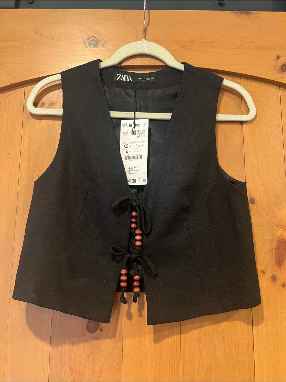 ZARA Black Sleeveless Vest with Beaded Tie Detail